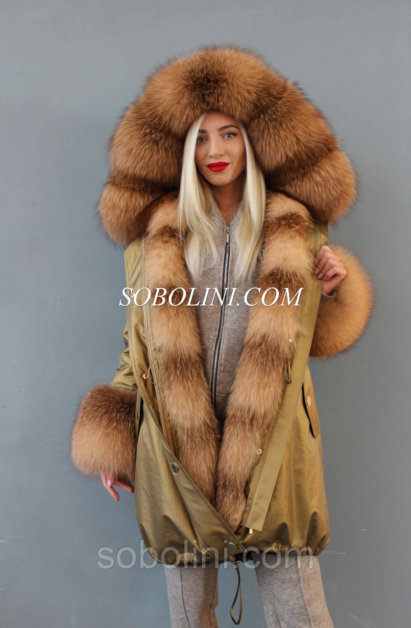 Розкішна парка з хутром Blu Frost мідне золото з відстібкою на жилет, по спинці іспанський кроль, фото 1