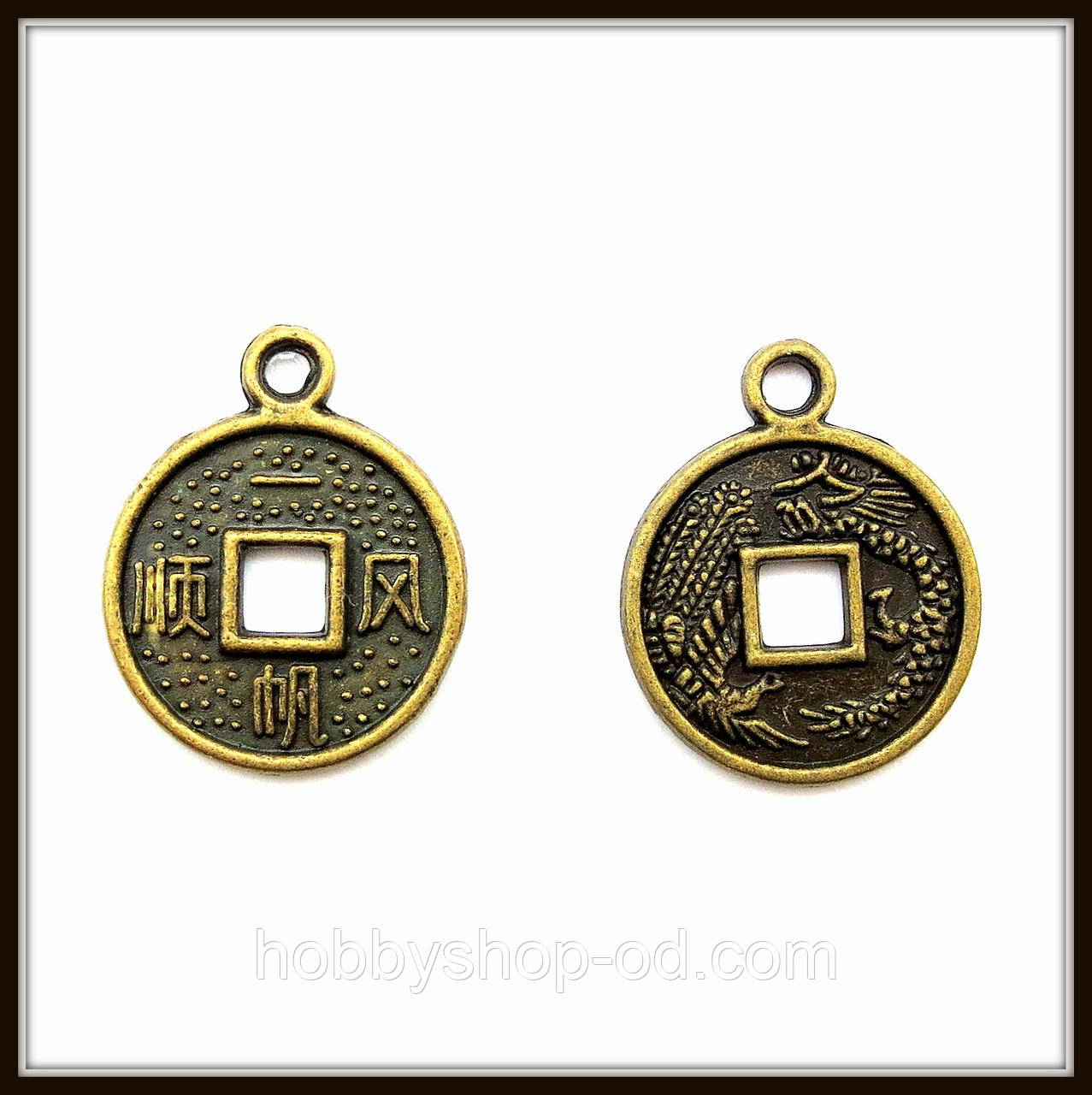 Метал. підвіска "монет Фен шуй" бронза (1,8х1,5 см) 12 шт. в уп., фото 1
