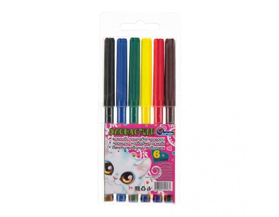 Фломастери 6 кольорів з вентильованим ковпачком 6816E-6 "Котик" PVC, Josef Otten, фото 1