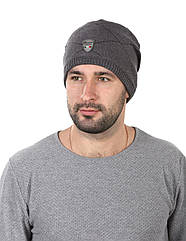 Шапка трикотажна чоловіча зі шкіряним ремінцем сіра