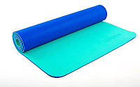 Килимок для фітнесу та йоги TPE+TC 6 мм двошаровий Zelart (1,73 мx0,61 мx6мм, синій-м'ятний)