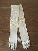 Рукавички жіночі атласні жатка, довгі 47-48 см( в лікоть) крем ( молочний)