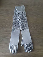 Рукавички жіночі атласні жатка, довгі 47-48 см( в лікоть) сріблясто-сірі