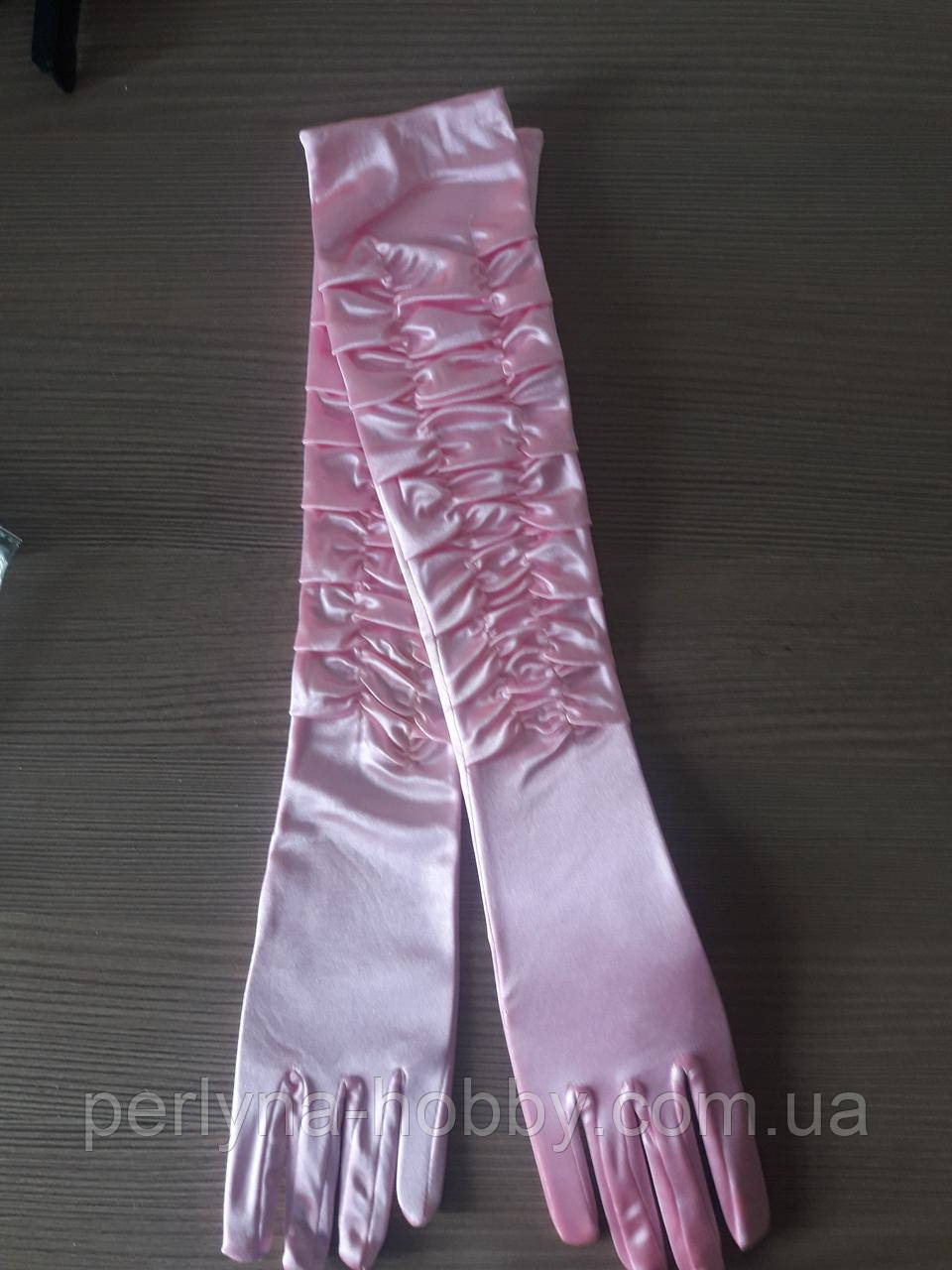 Перчатки атласные женские. Рукавички жіночі атласні жатка, довгі 47-48 см( в лікоть) рожеві