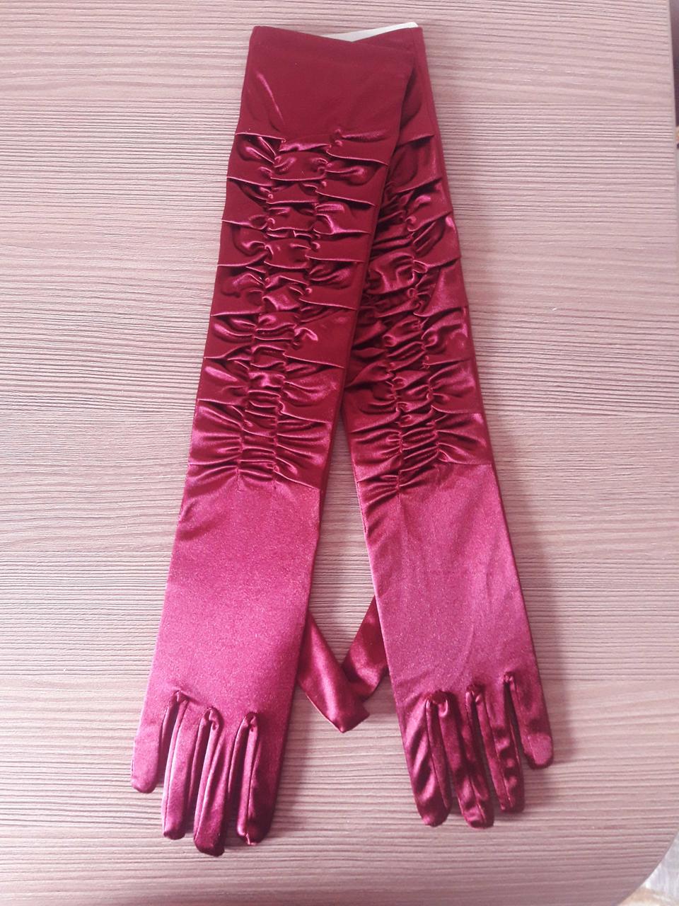 Рукавички жіночі атласні жатка, довгі 47-48 см( в лікоть) бордові
