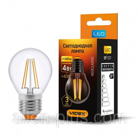 LED-лампа VIDEX G45F 4W E27 3000 K 220 V (гарантія 3 роки)
