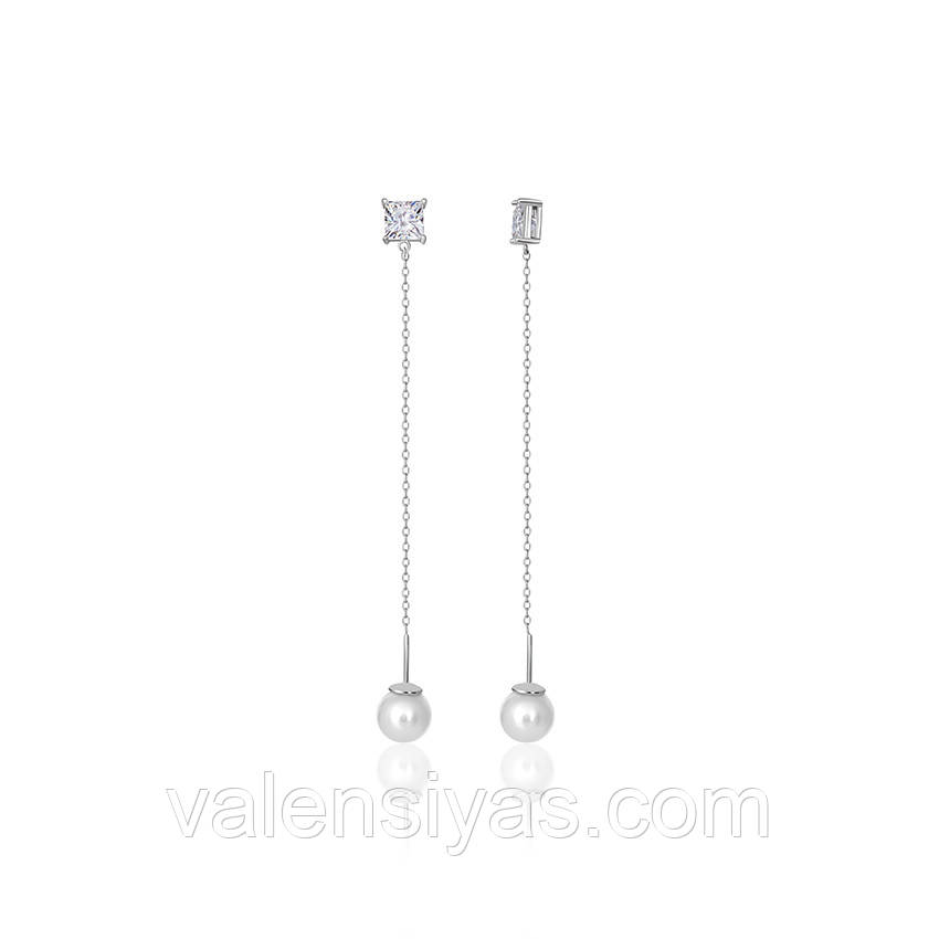 Срібні сережки-цвяшки з фіанітами та перлами С2ФЖ/856