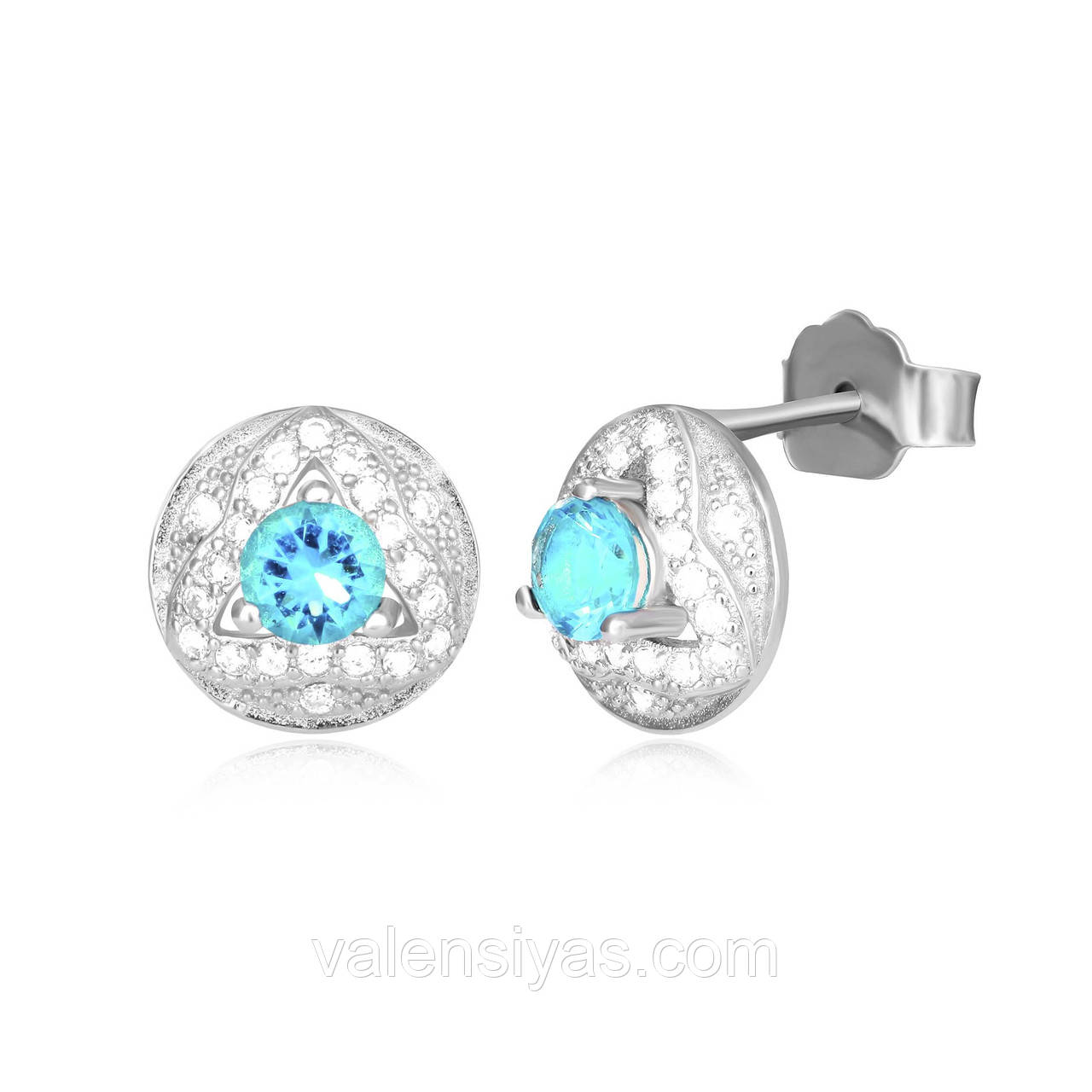 Срібні круглі сережки-цвяшки з блакитними фіанітами С2ФТ1/814