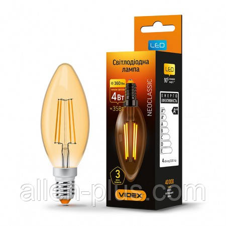 LED лампа VIDEX Filament C37FA 4W E14 2200K 220V бронза (гарантія 3 роки)