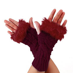 Бордові в'язані рукавички-мітенки з хутром