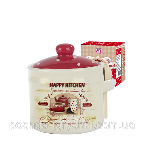 Банка для меду з дерев'яною ложкою 'Happy Kitchen". (h-8 см, d-10см, про-м 500 мл)