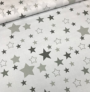 Бавовняна тканина польська зірки сірі, темно-сірі, білі — великі та маленькі на білому (E-0317)