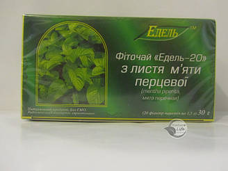 «Фіточай Едель-20 з листя м'яти перцевої» 20 шт. по 1.5 г-заспокійливий засіб у разі нервових і сердеч.боліснях