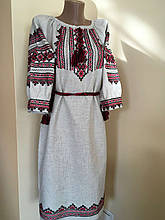 Сукня жіноча вишита ручної роботи на сірому льоні