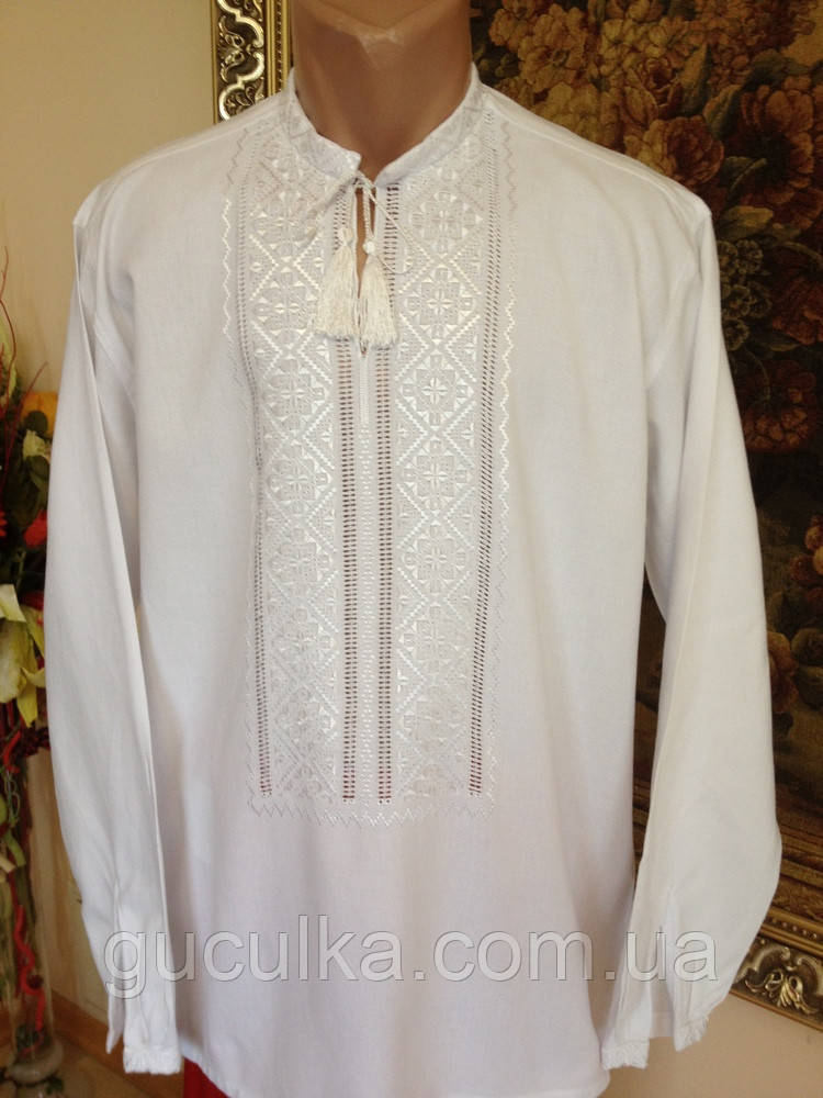 Вишиванка чоловіча біла по білому вишина гладдю, фото 1