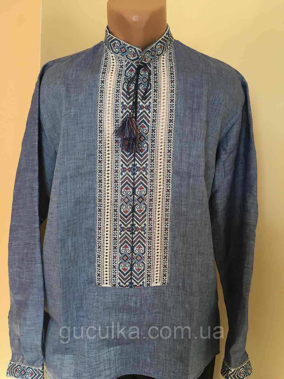Вишиванка на сірому льоні чоловіча машинна робота, фото 1
