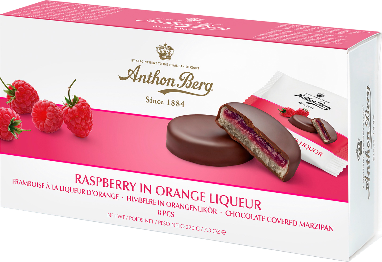 Марципан у шоколаді Anthon Berg з малиновим джемом та апельсиновим лікером Raspberry in Orange Liqueur, 220 г