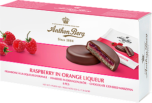 Марципан у шоколаді Anthon Berg з малиновим джемом та апельсиновим лікером Raspberry in Orange Liqueur, 220 г