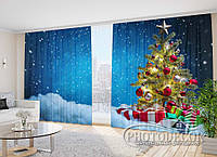 Новогодние Фото Шторы "Елка в снегу с подарками" 2,7*4,0м (2 полотна по 2,0м), тесьма