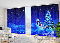 Новогодние Фото Шторы "Снеговик и Елочка" 2,7*5,0м (2 полотна по 2,5м), тесьма