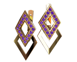 Сережки Ромб, жіночі сережки з камінням, серібло 925, золото 585/750.