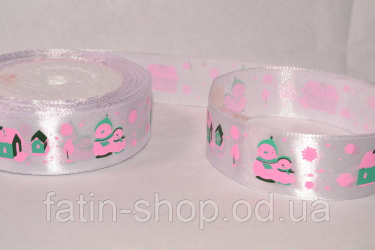 Атласна стрічка 2,5 см цв.білий зі сніговиками, фото 1