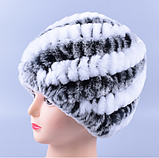 Жіноча шапка з хутра кролика рекс сіра з білими смужками, фото 2