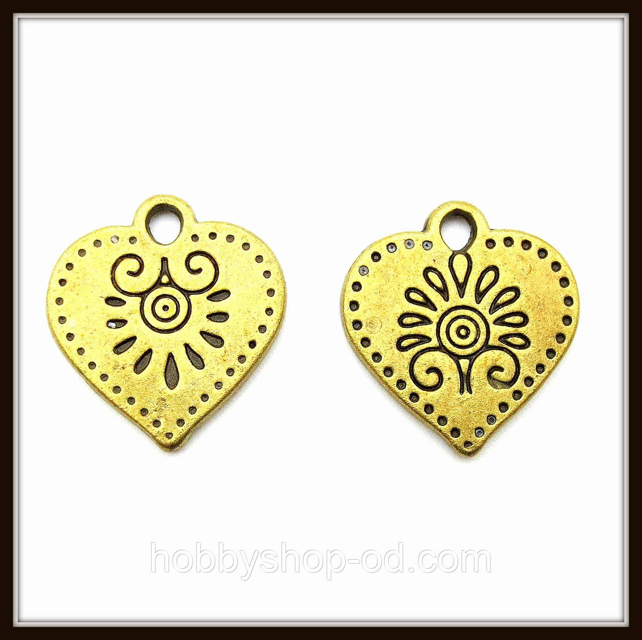 Метал. підвіска "сердечко" бронза (1,5х1,7 см) 12 шт. в уп., фото 1
