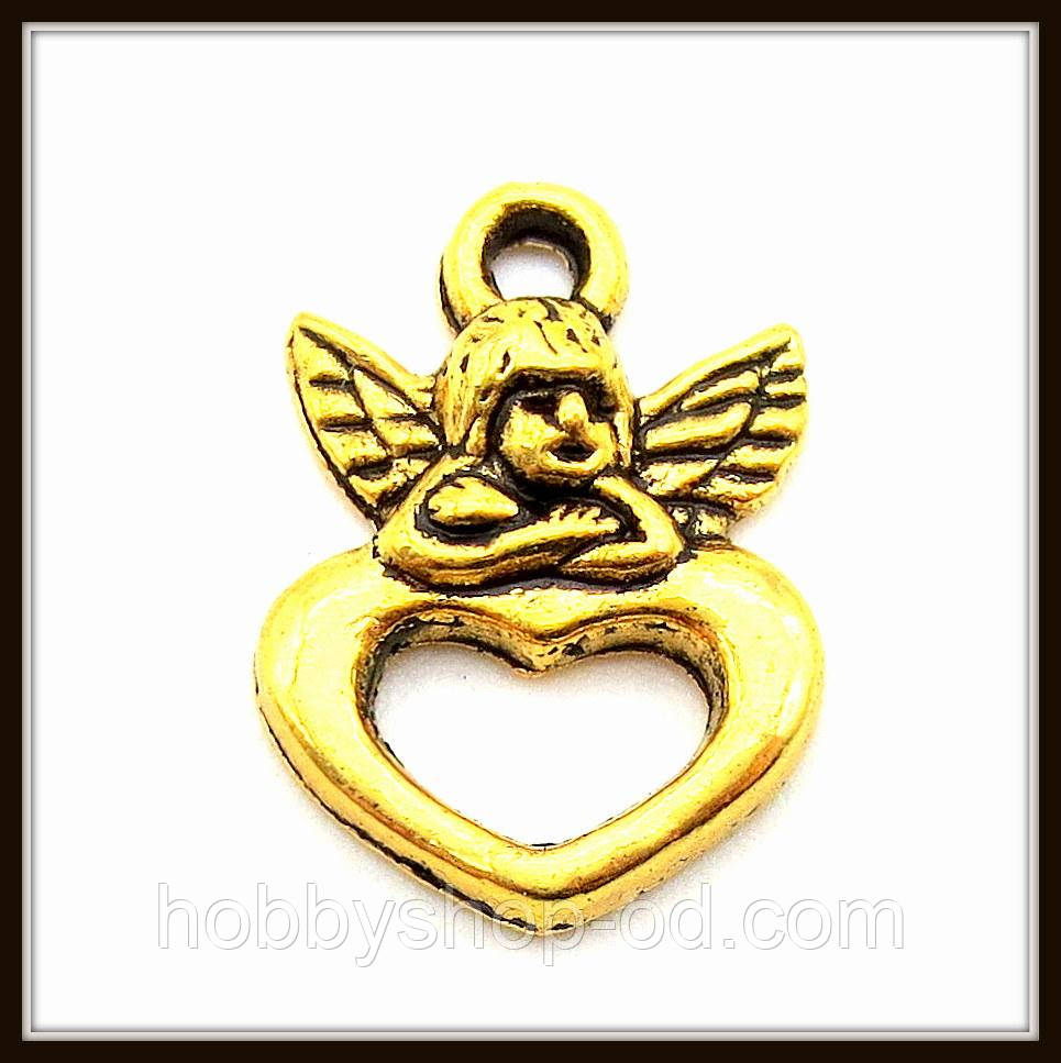 Метал. підвіска "серце з ангелом" золото (1,5х1,1 см) 17 шт. в уп., фото 1