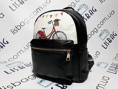 Маленький жіночий рюкзак чорний портфель зі штучної шкіри з принтом велосипед