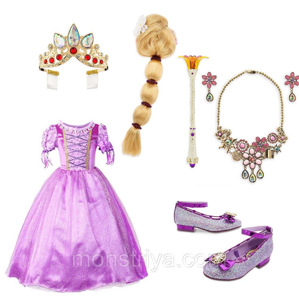 Карнавальний костюм Рапунцель: Плаття + перука + корона + фуфельки + чарівна паличка + намисто та сережки Disney