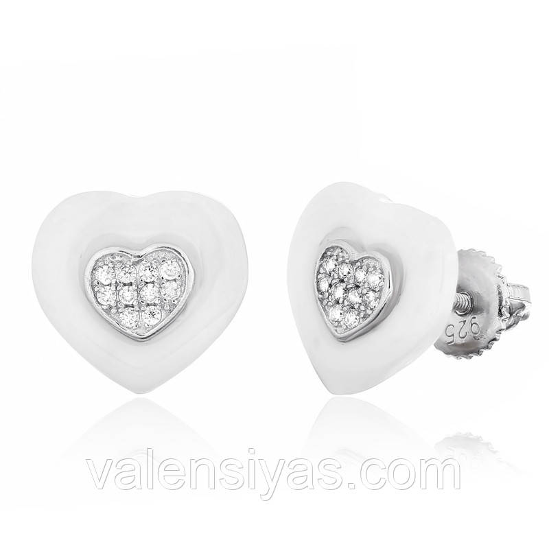 Срібні сережки Сердечка з білою керамікою СК2ФК1/1006