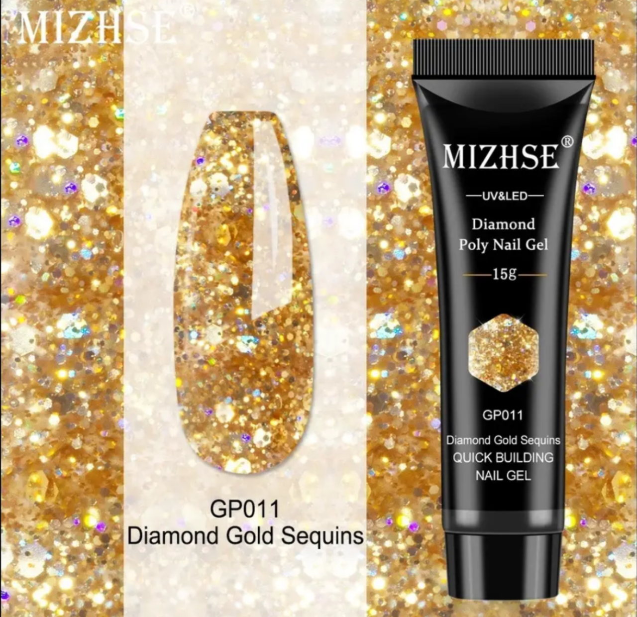 

Полигель 15мл MIZHSE. Акрил-гель, с блестками, шиммером акригель для наращивания и укрепление ногтей. Золото, Золотистый