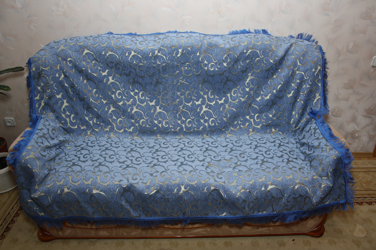 Вензель блакитний комплект півтораспальних покривал (дивандеки) на ліжко і два крісла