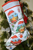 Пошитий новорічний чобіток для вишивання "Новорічні сови" ТР-167 (Барвиста вишиванка)