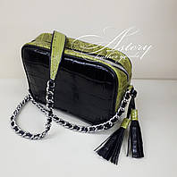 Женская черная кожаная сумочка STELLA на цепочке с зеленым питоном