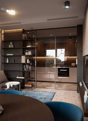 Стильный интерьер с мужским характером: плитка, дерево, бетон, металл и стекло.