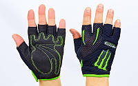 Вело-мото перчатки текстильные MONSTER (открытые пальцы, р-р S-XL черный-салатовый)