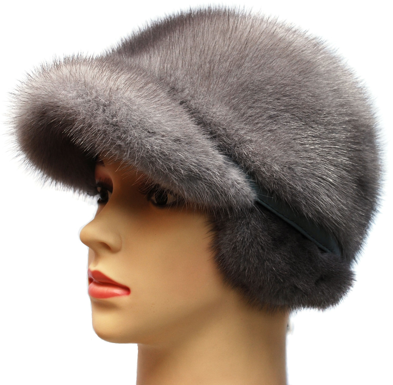 Жіноча хутряна норкова кепка, Жокейка класика (сіра), фото 1
