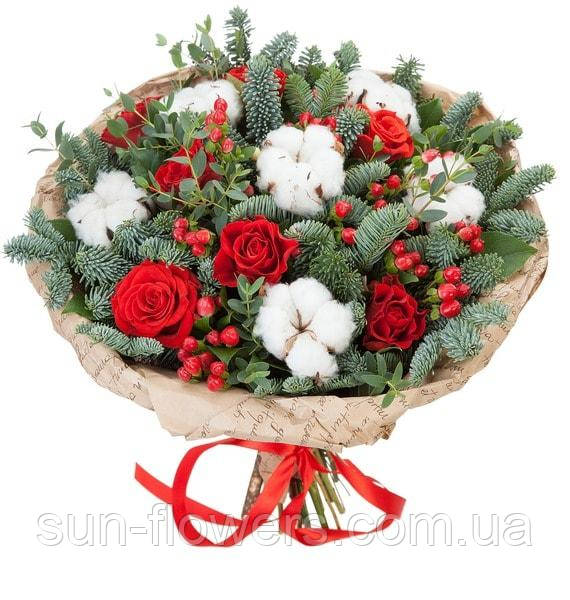 Букет із трояндами, бавовною та хвою., фото 1
