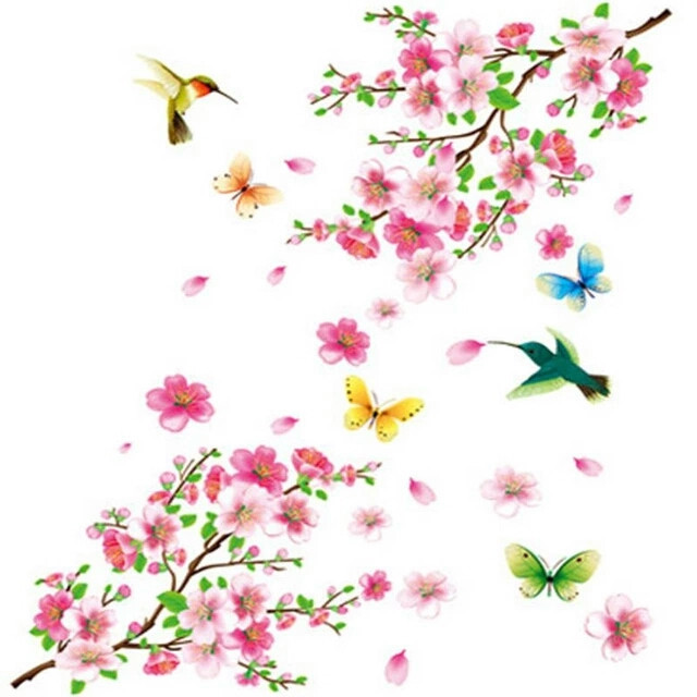 Наклейка на стіну, вінілові наклейки "птахи з метеликами біля сакури" (лист 60*90см)