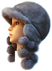 Жіноча хутрова шапка вушанка з норки, Зимонька Виноград (сіро-блакитний)