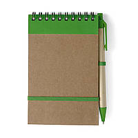 Блокнот А6 с ручкой, белый блок в линейку, переработанный картон, зеленый