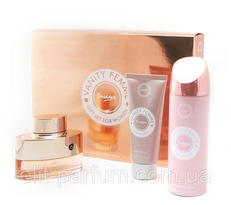 Жіночий парфумований набір Armaf VANITY ESSENCE (edp 100 ml + b/s 200 ml + body lotion 200 ml)