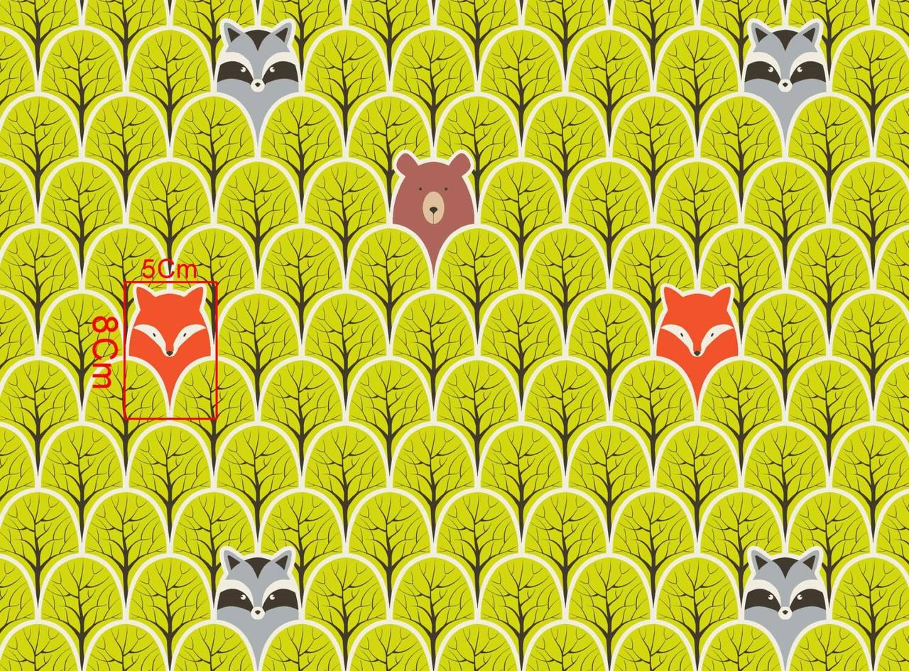 Польська бязь "ведмедики, єноти, лисички в салатовому лісі", фото 1