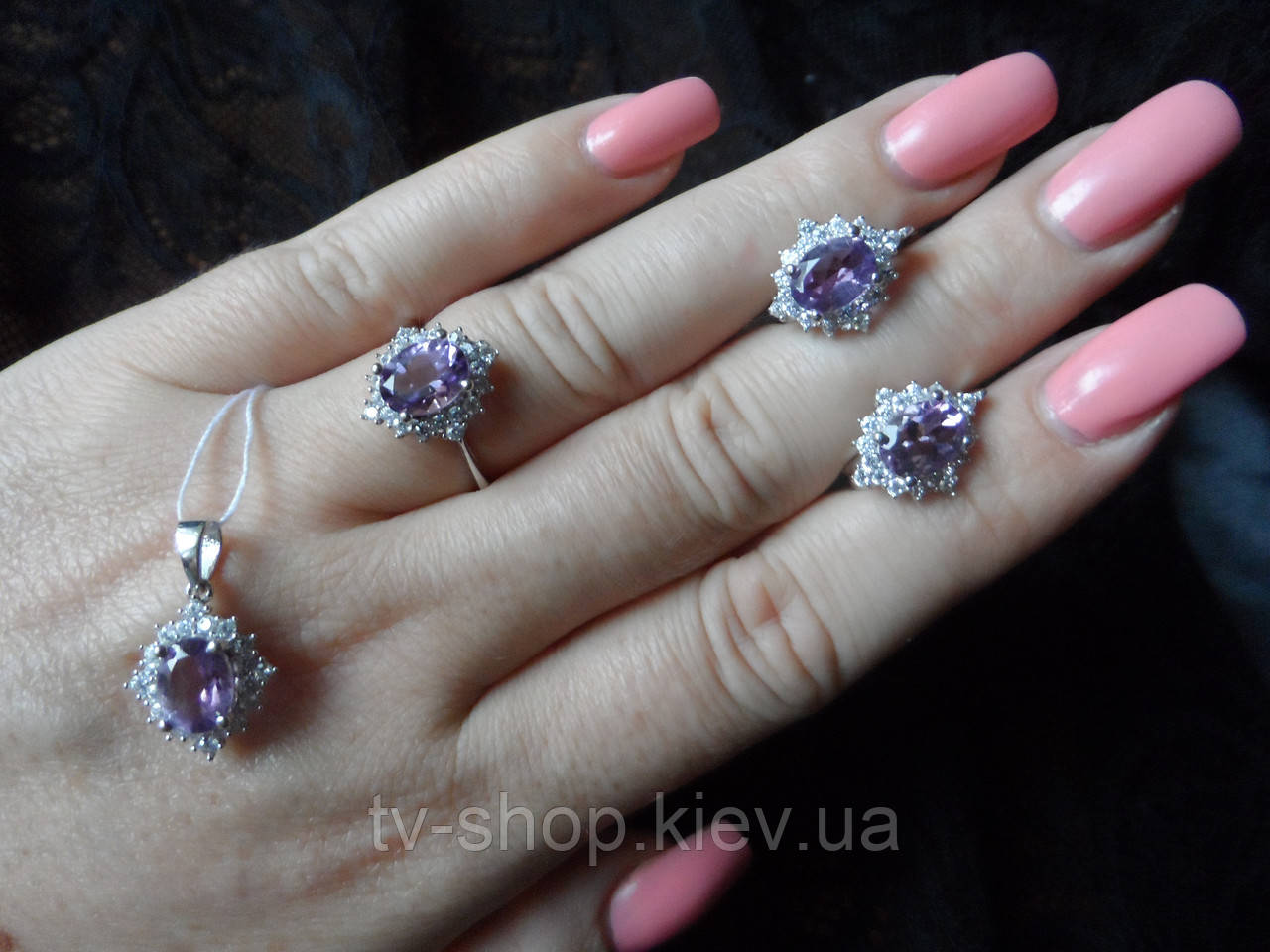 Набір 3 в 1 зі срібла з аметистом р.17, фото 1
