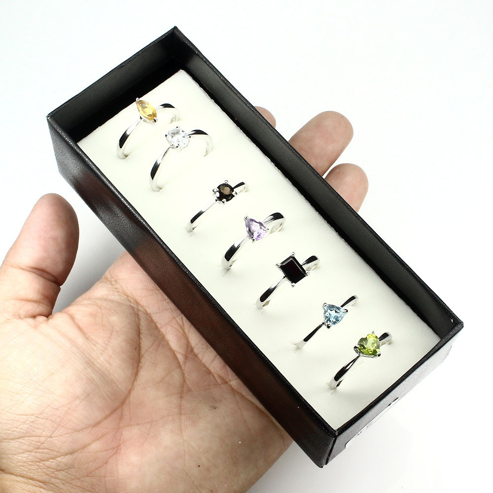 7 шт. Срібних кілець із природним каменем у коробці 18.9 розміру, фото 1