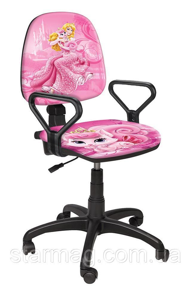 Яскраве комп'ютерне дитяче крісло для дівчинки на роликах Престиж РМ "Аврора з вихованцем"