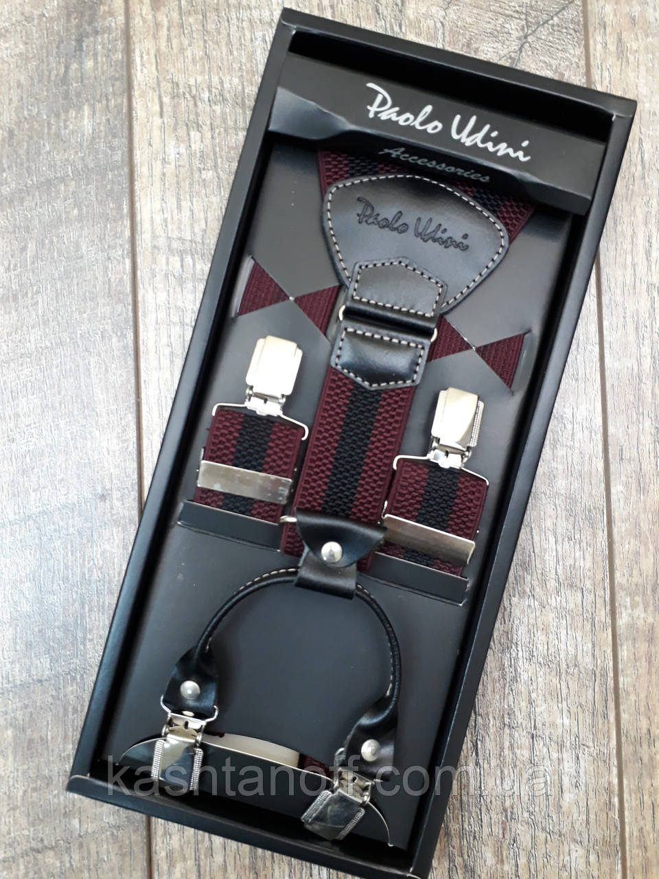 Чоловічі підтяжки для штанів бордового кольору з чорною смужкою, фото 1