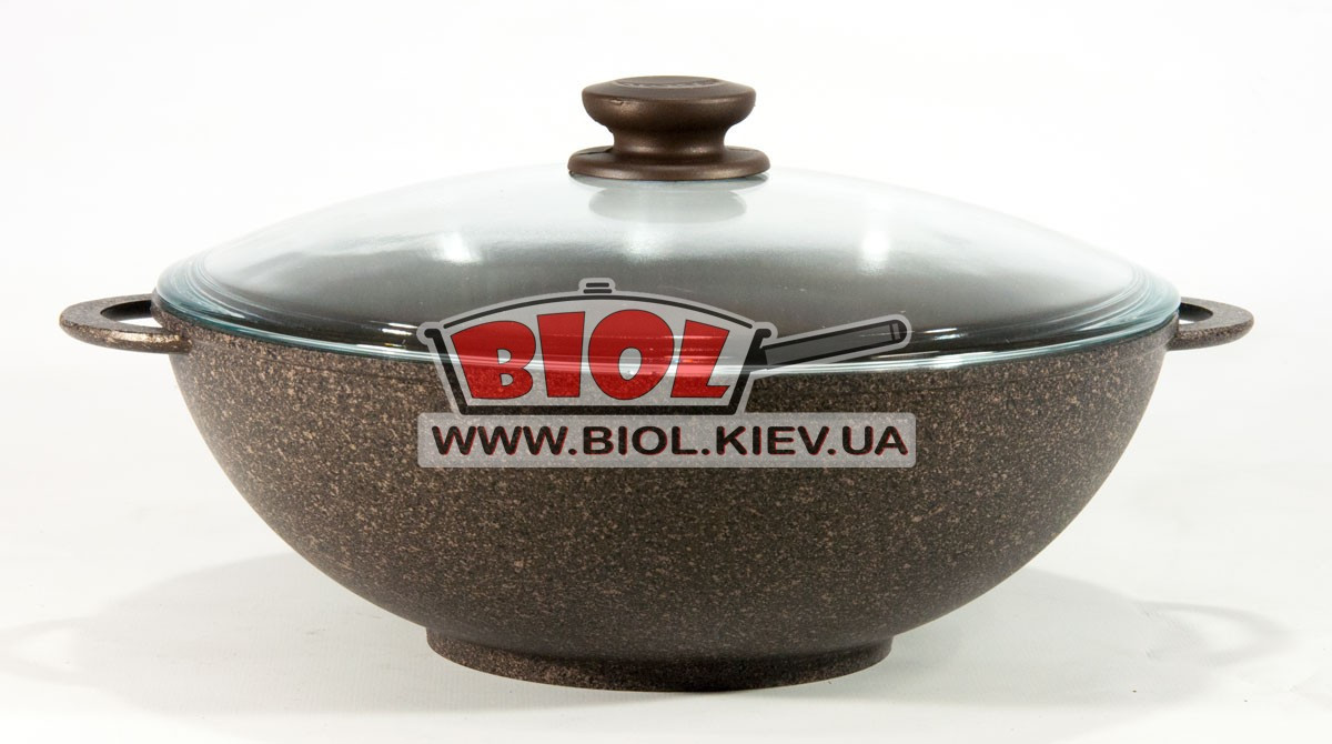 Сковорода алюмінієва "ВОК" (WOK) 28 см з антипригарним покриттям і кришкою "Граніт Браун" БІОЛ 28033PC